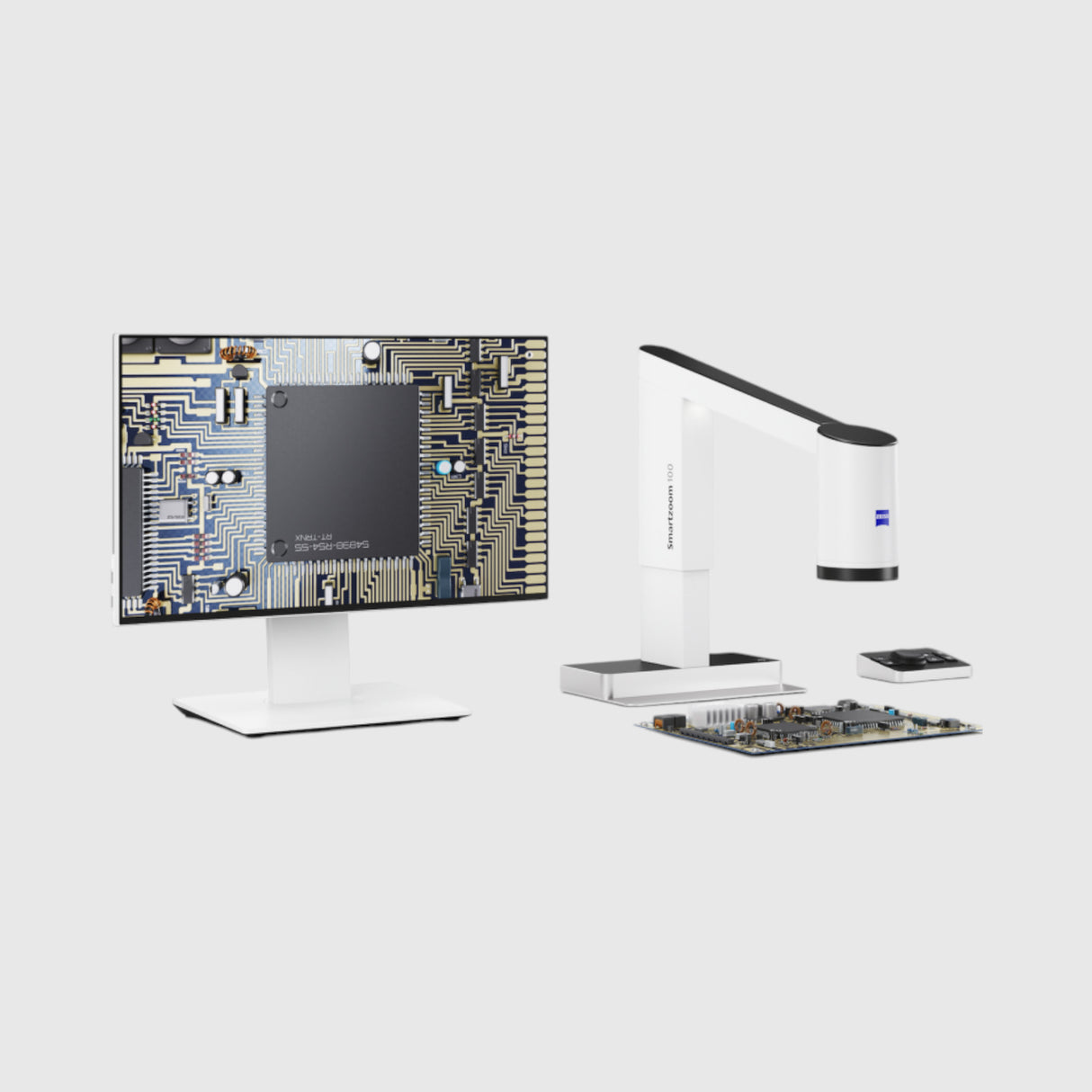 ASKANIA Mikroskoptechnik ZEISS Smartzoom 100 Digitalmikroskop mit Monitor und Leiterplatte für die Inspektion