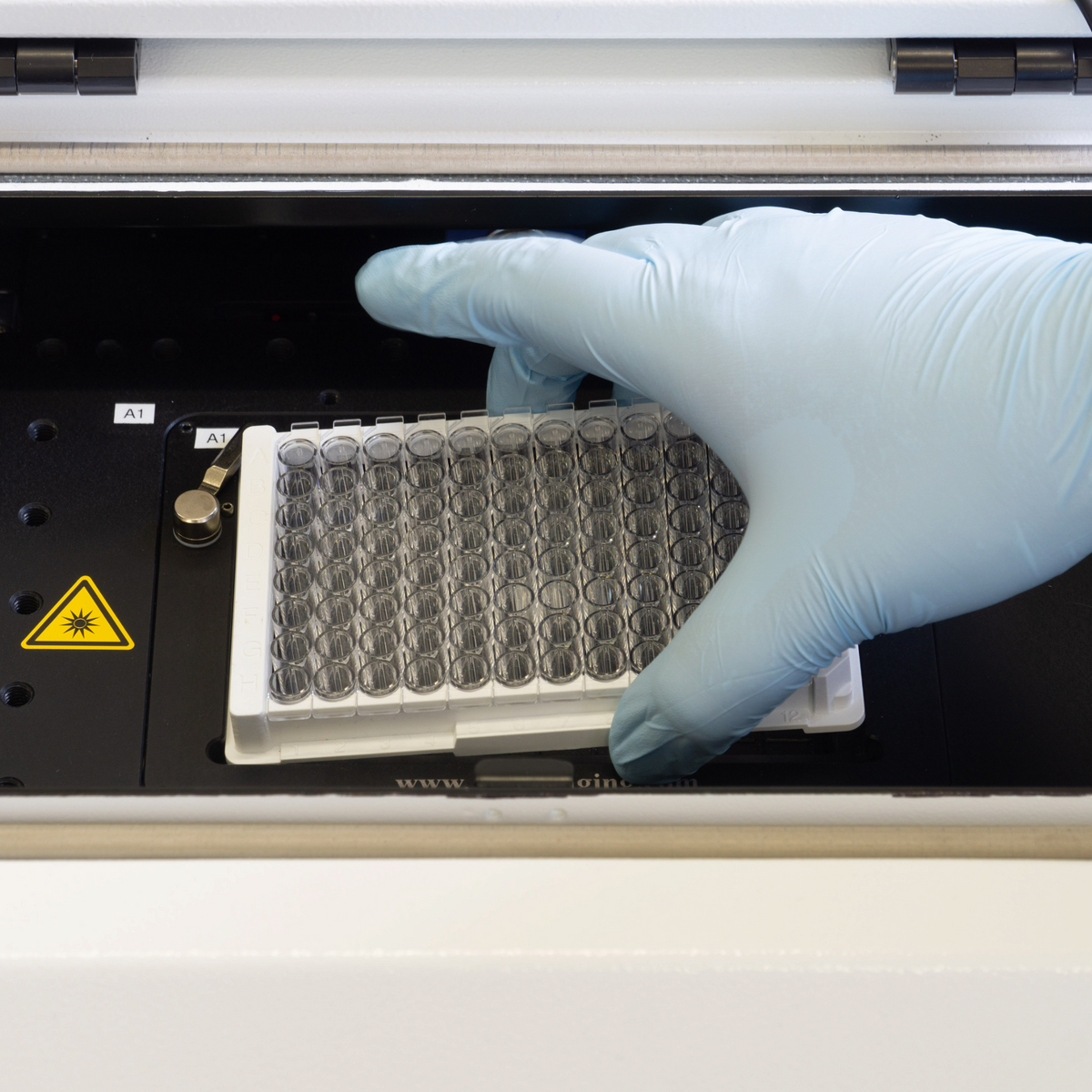 ASKANIA attomol Caleidoscan 100 Fluoreszenz-Imager mit 96-Well-Platte in der Probenaufnahme