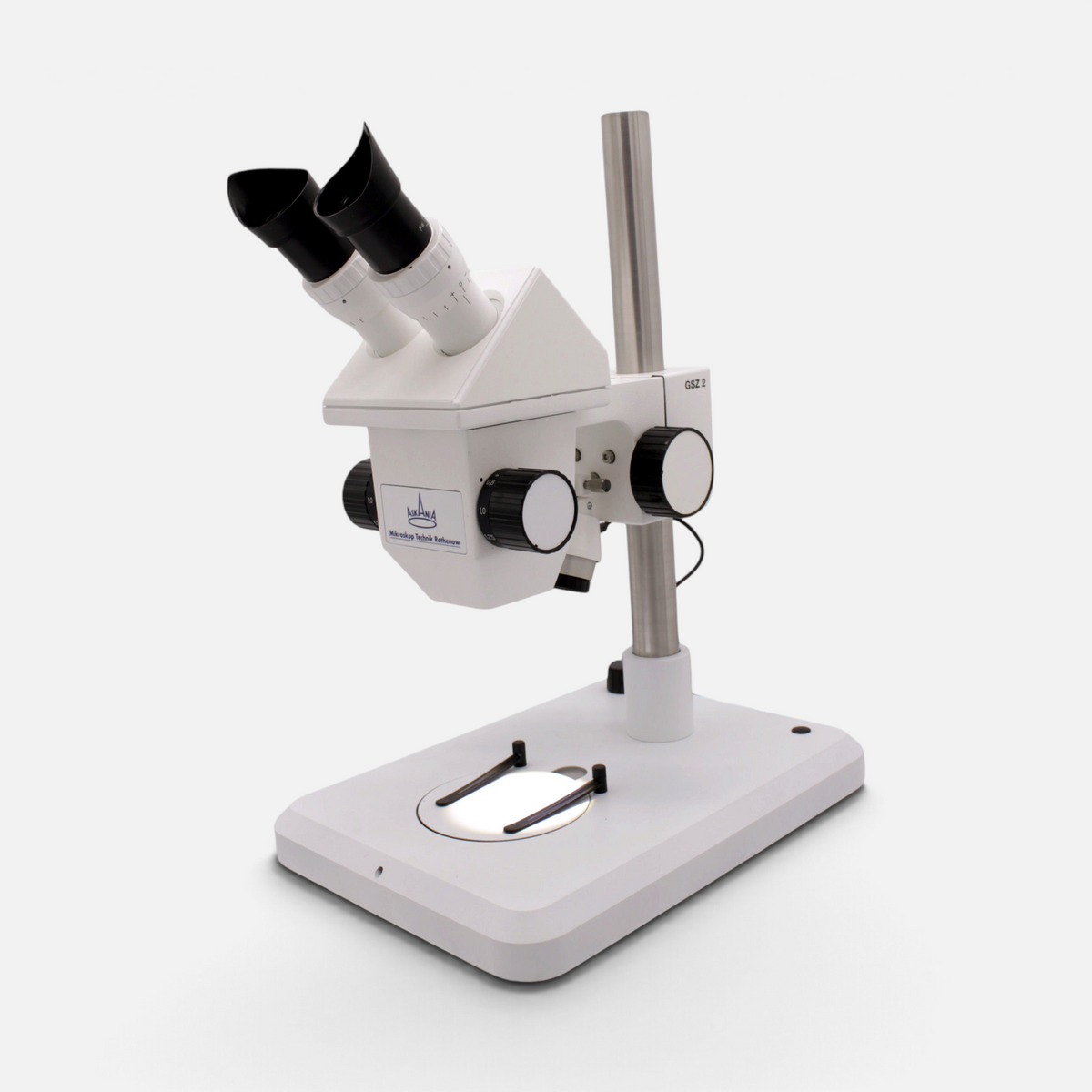 ASKANIA Mikroskoptechnik GSZ Stereo-Zoom-Mikroskop in Weiß mit Stativfuß und Okularen für Labor und Industrie