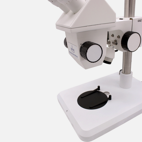 ASKANIA Mikroskoptechnik GSZ Stereo-Zoom-Mikroskop mit weißem Stativ, schwarzer Einlegeplatte und Präparateklemmen