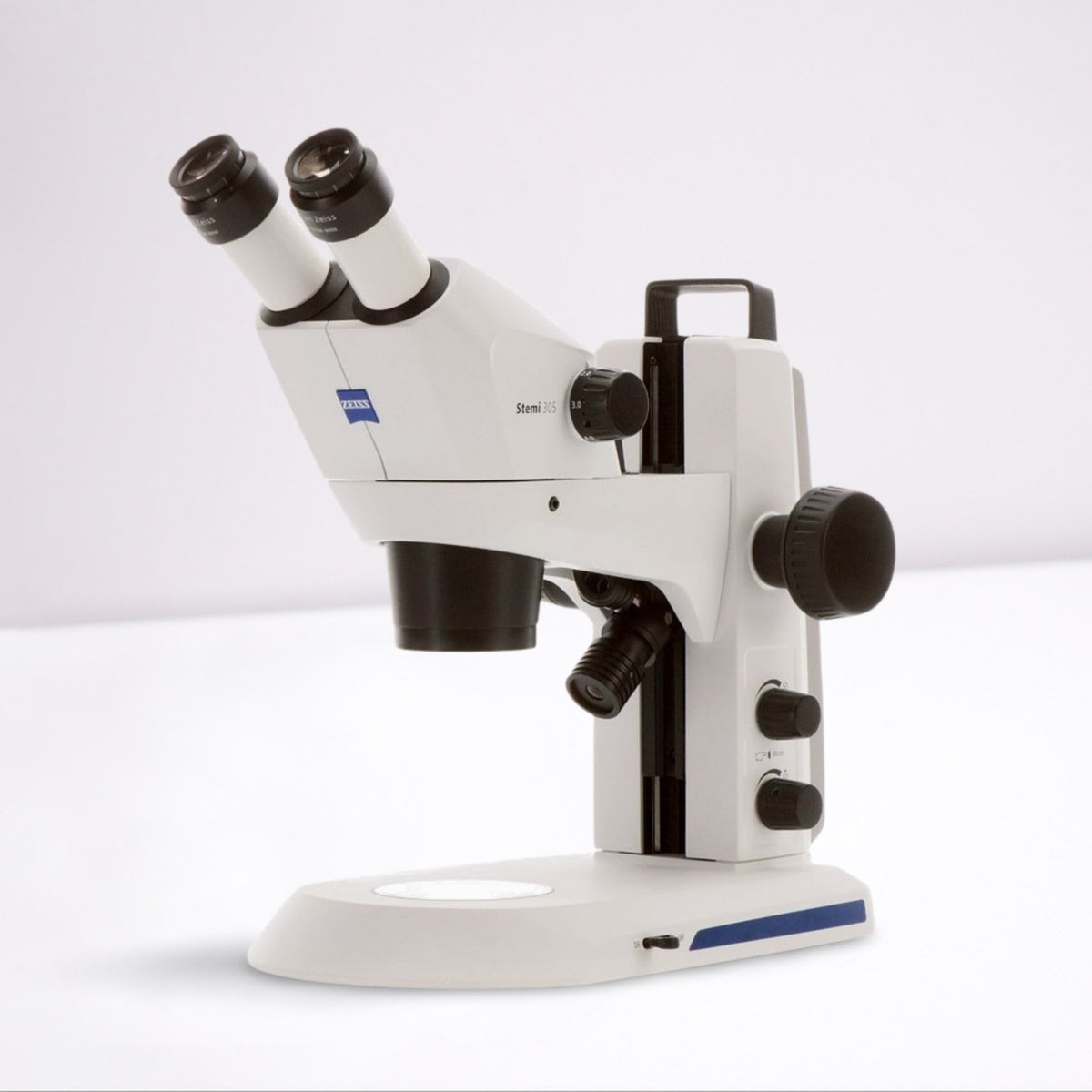 ASKANIA Mikroskoptechnik ZEISS Stemi 305 Stereo-Mikroskop in Weiß mit Binokulartubus auf einem stabilen Stativ